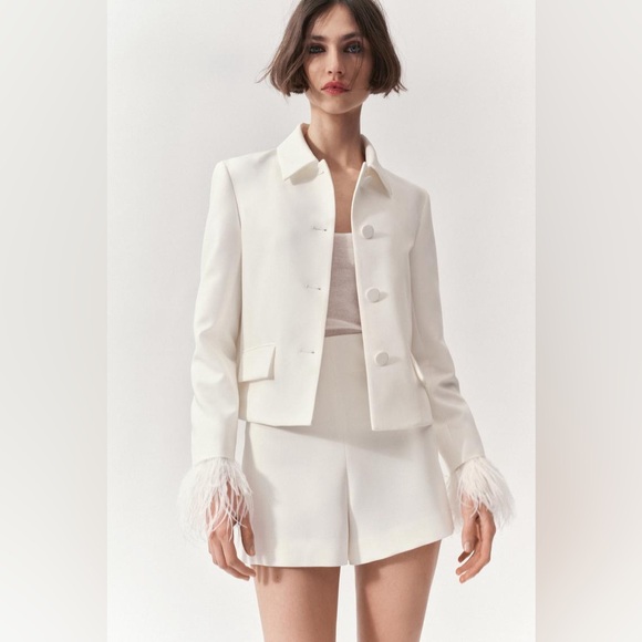 Zara white Blazer With Feathers Feather Cuffs Suit Jacket office business - Picture 5 of 14